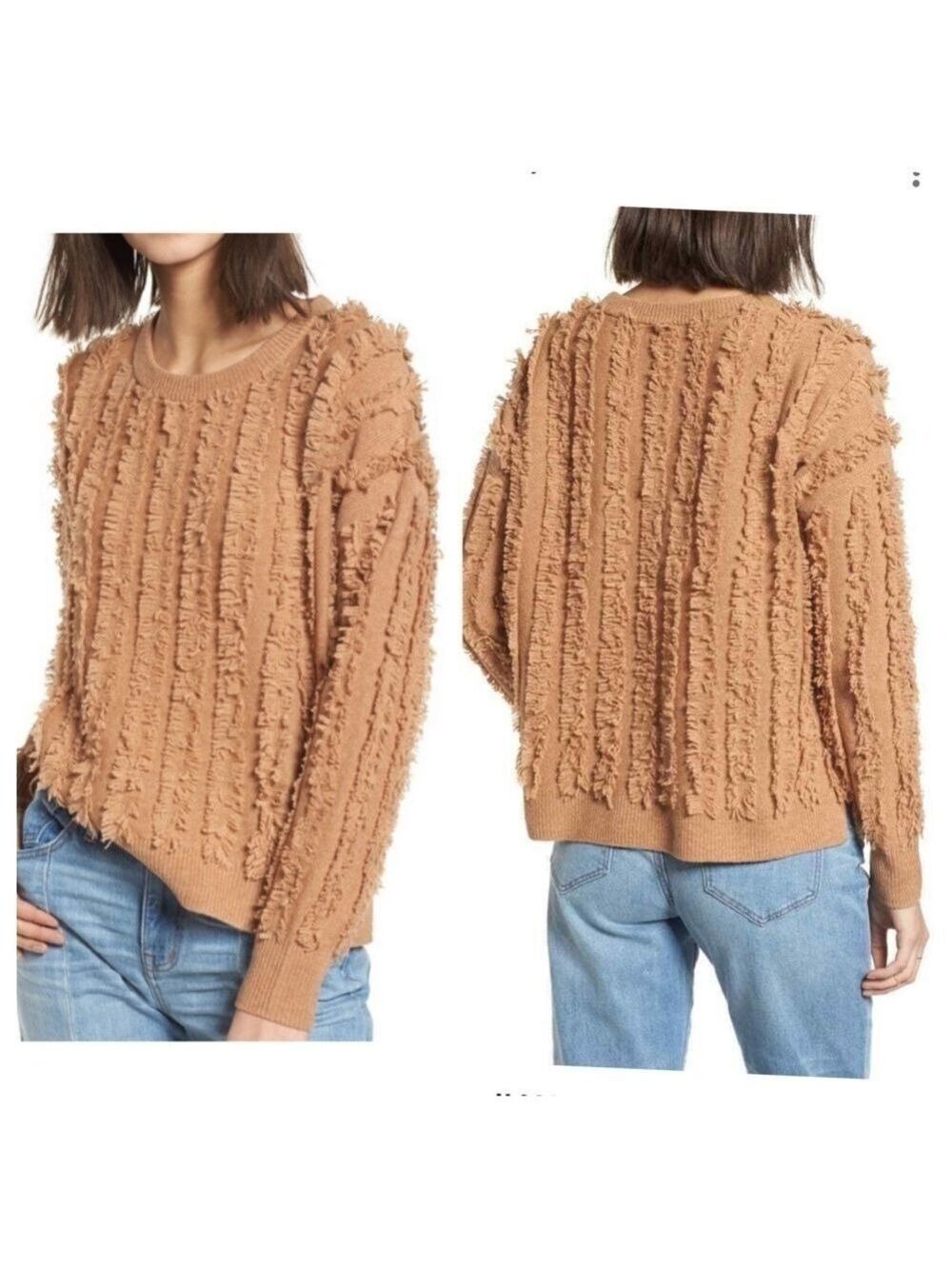 MADEWELL Fringe Stripe Pullover Sweater Merino Wool Caramel Camel Tan Sz Medium